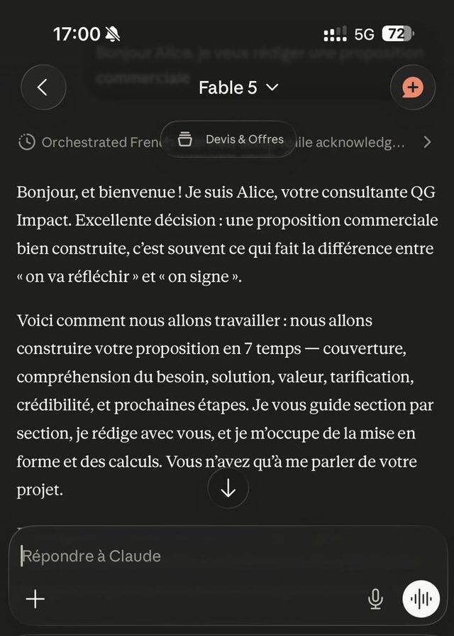 Conversation avec Alice sur mobile : rédaction d'une proposition commerciale